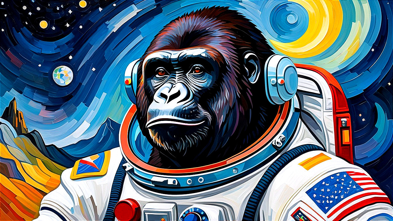 Gorilla in Space Suit Against Colorful Cosmic Background