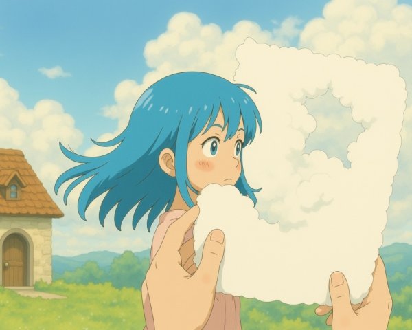 Young girl with blue hair and cloud cutout in landscape