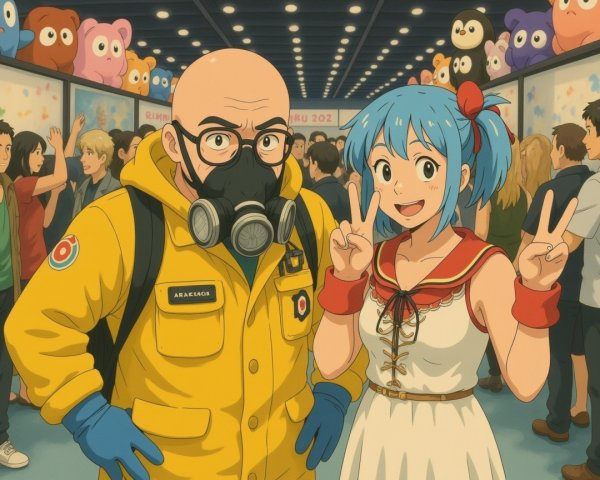 Convention Hall Scene with Colorful Characters and Costumes