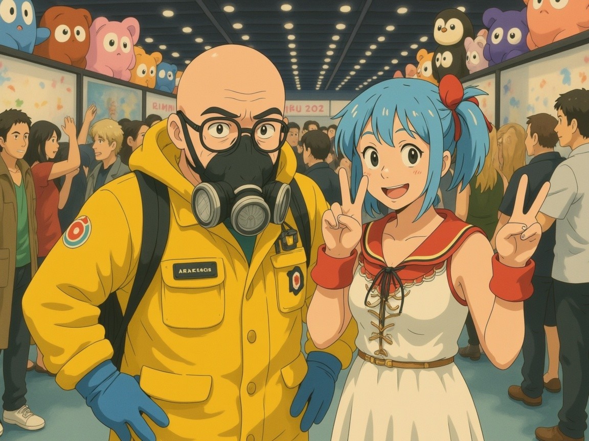 Convention Hall Scene with Colorful Characters and Costumes