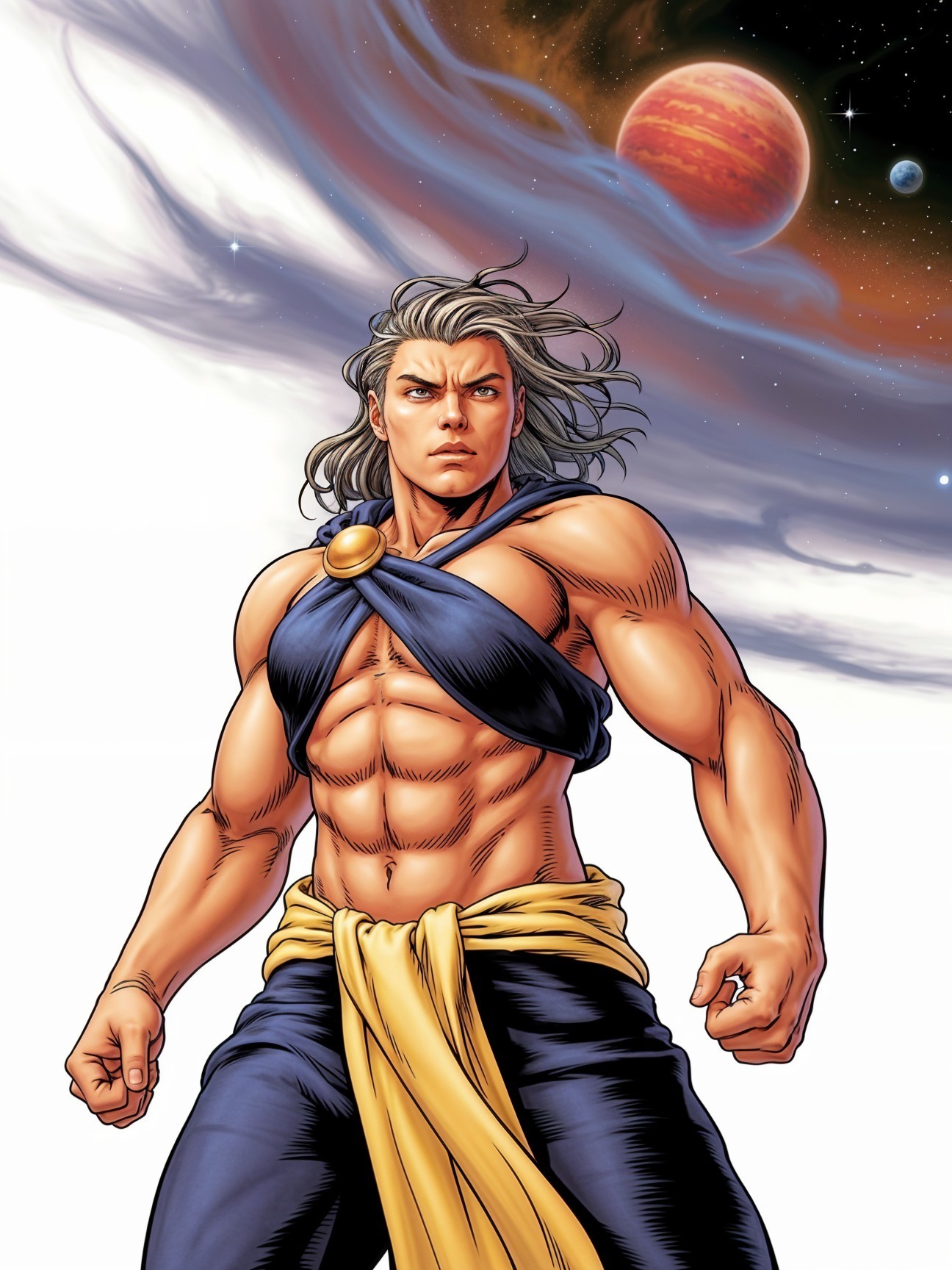 Muscular Heroic Figure in Cosmic Background Scene
