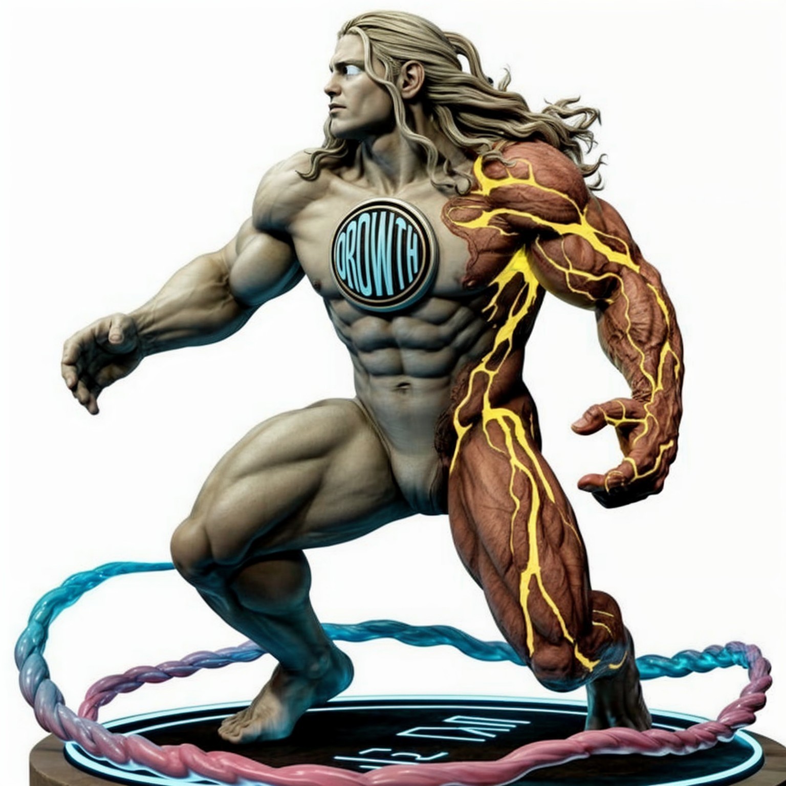Dynamic Sculpture of Muscular Figure Representing Growth