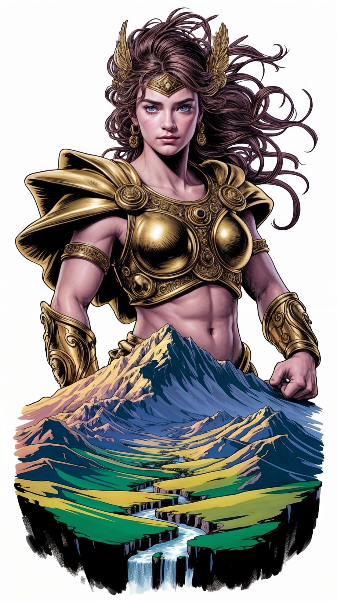 Warrior Woman in Golden Armor with Scenic Landscape
