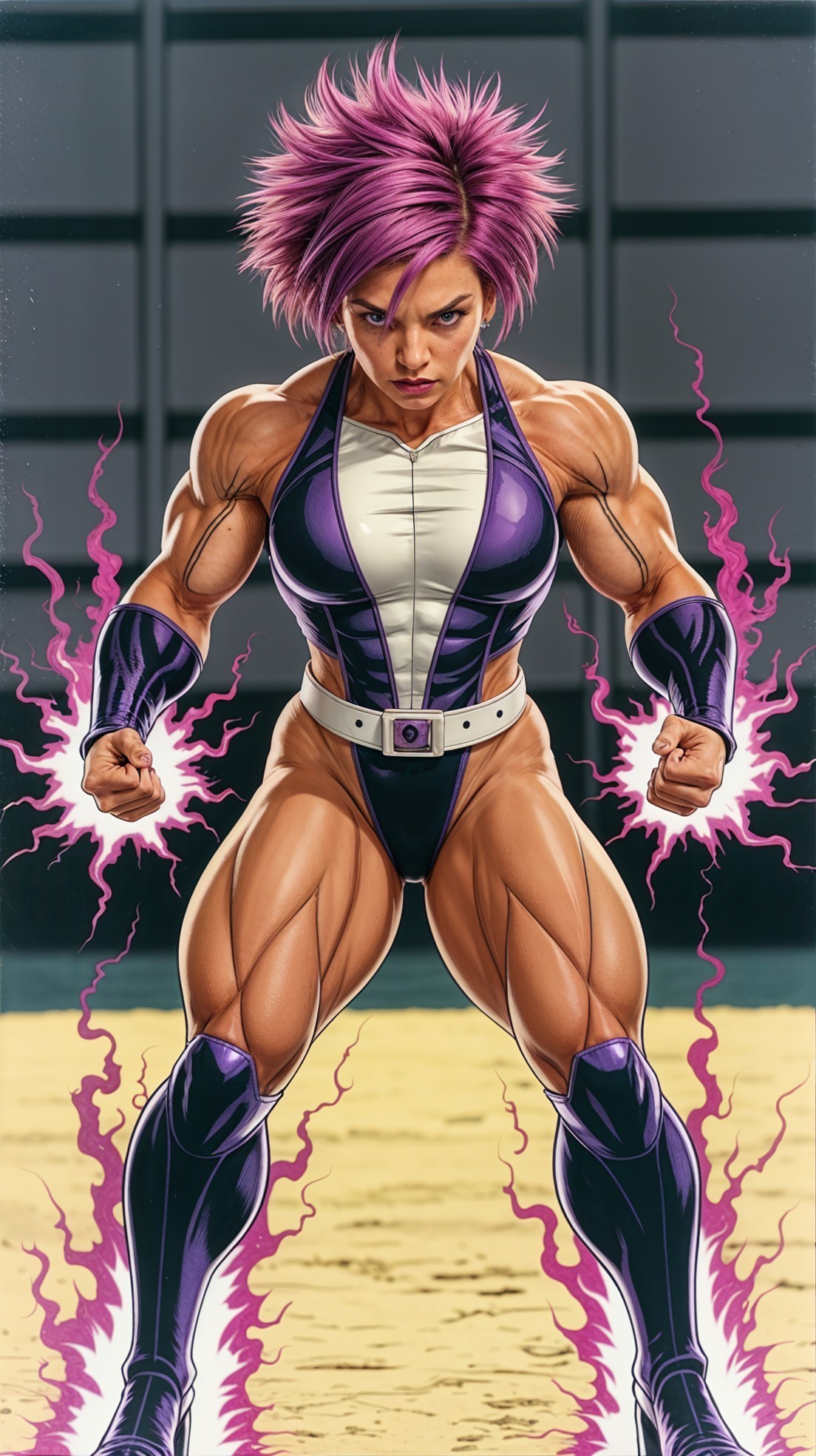Muscular Female Superhero with Pink Hair and Sparks