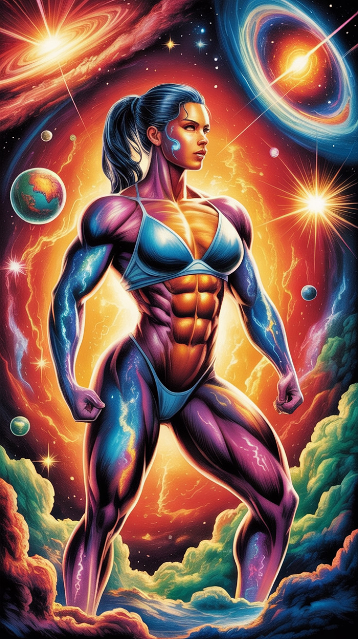 Muscular Woman in Cosmic Landscape with Celestial Patterns