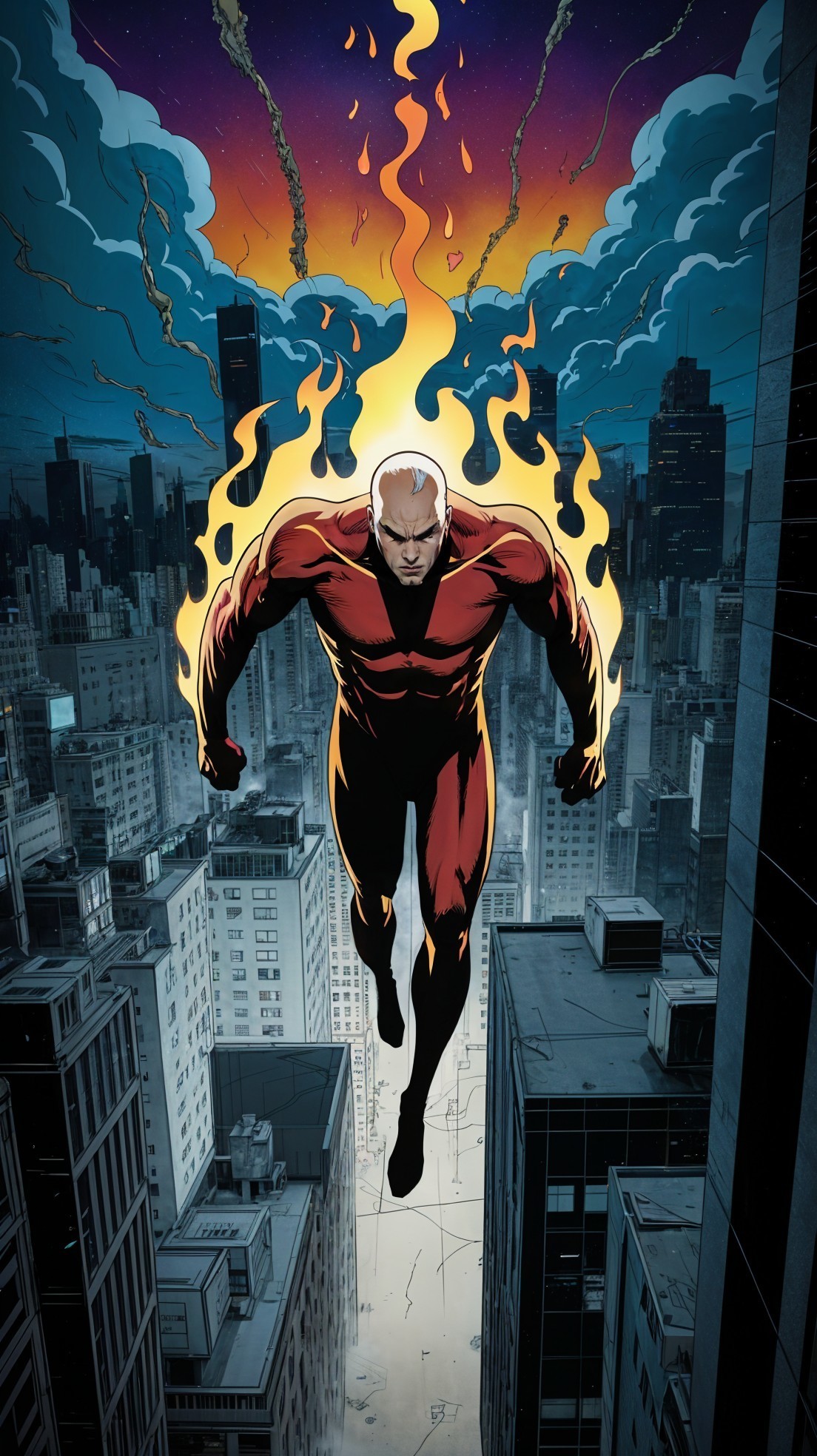 Superhero in Flames Over Cityscape at Twilight