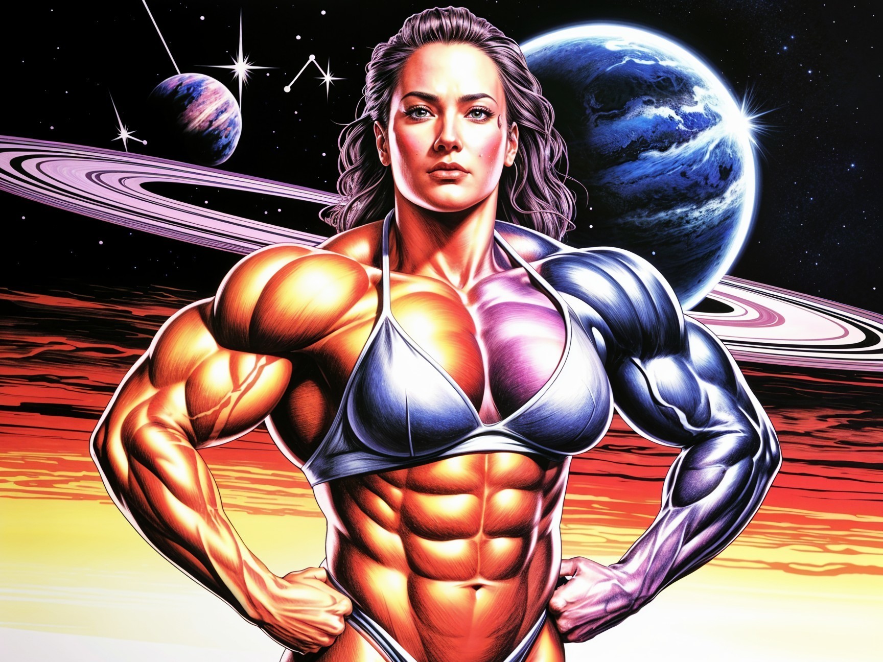 Muscular Woman in Cosmic Space Scene with Planets