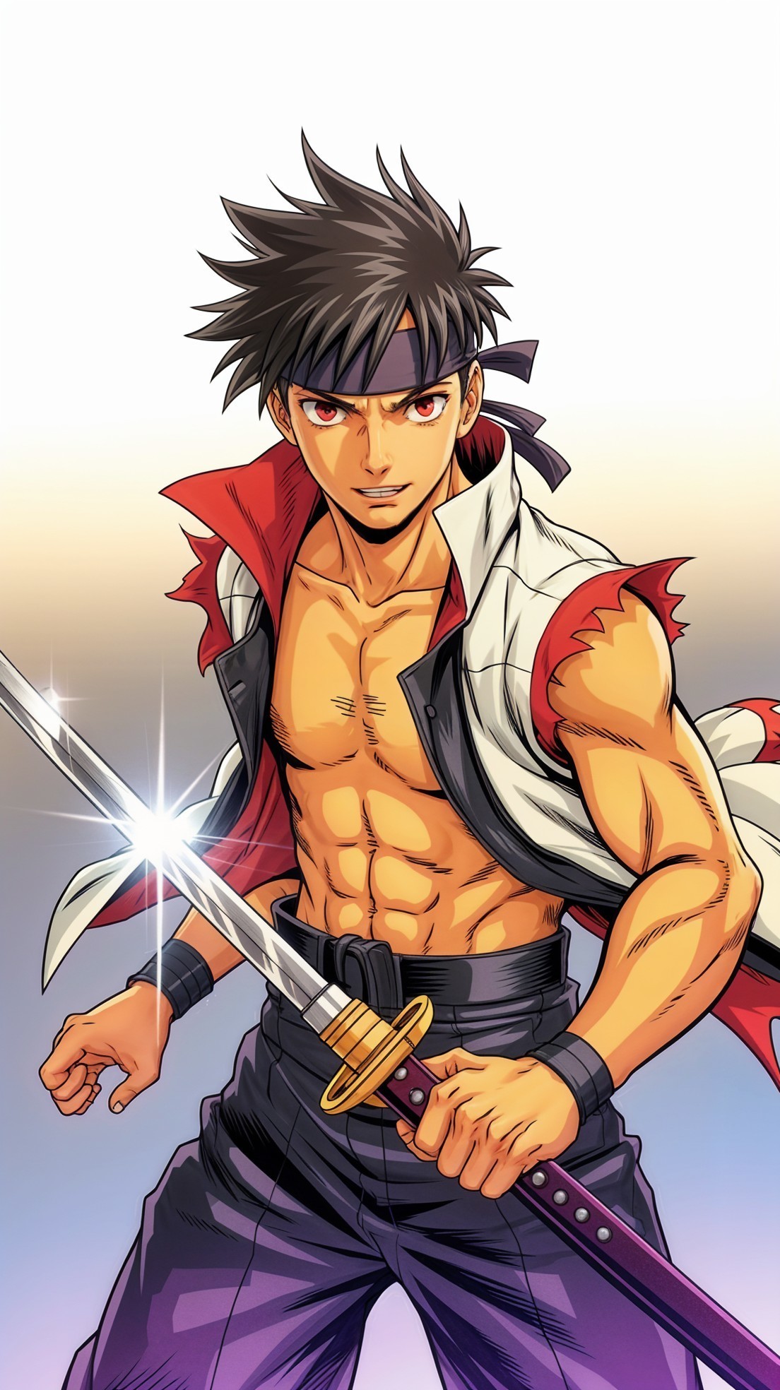 Muscular Young Man with Katana in Dynamic Stance