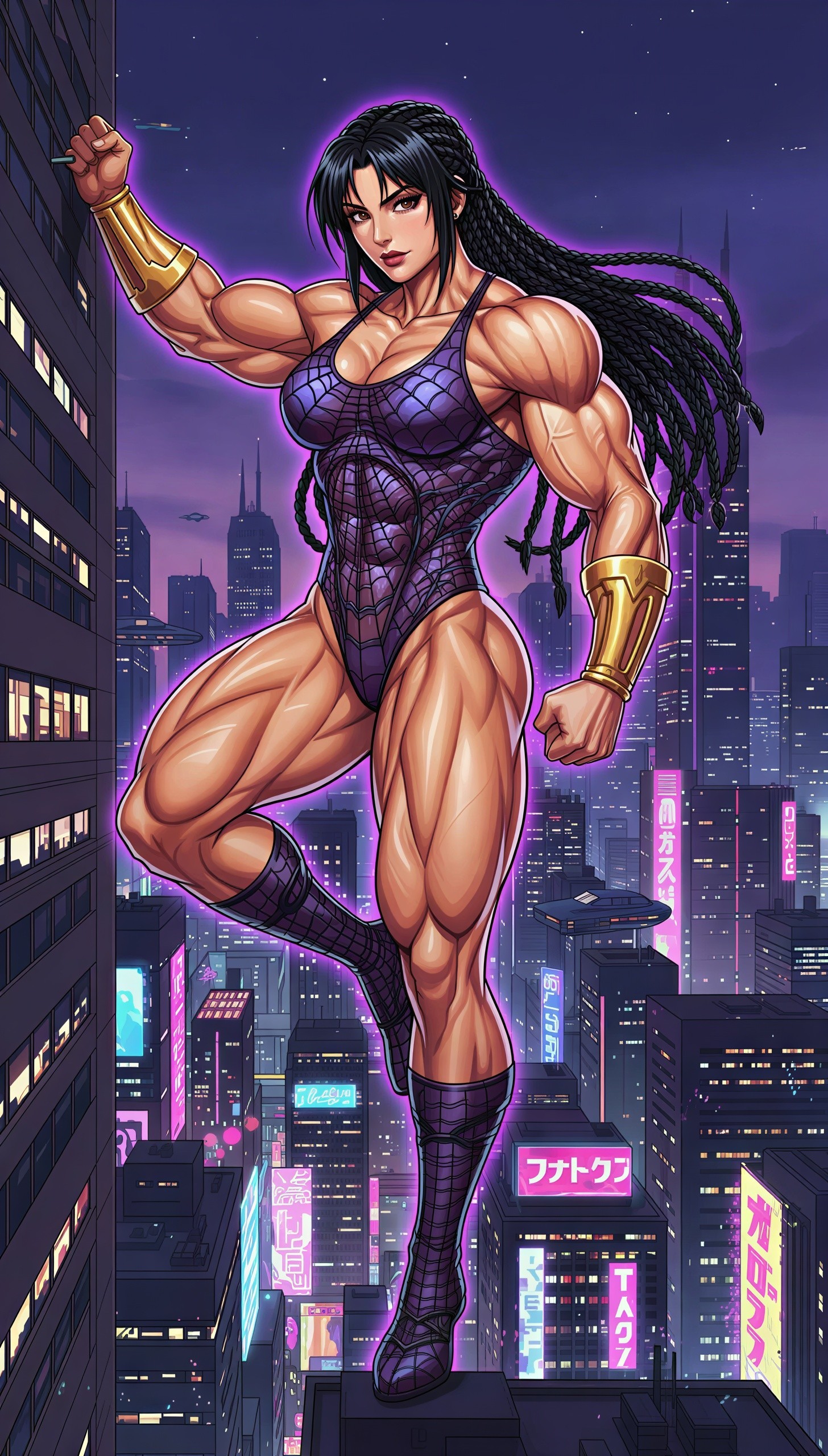 Female Bodybuilder in Futuristic City Night Scene