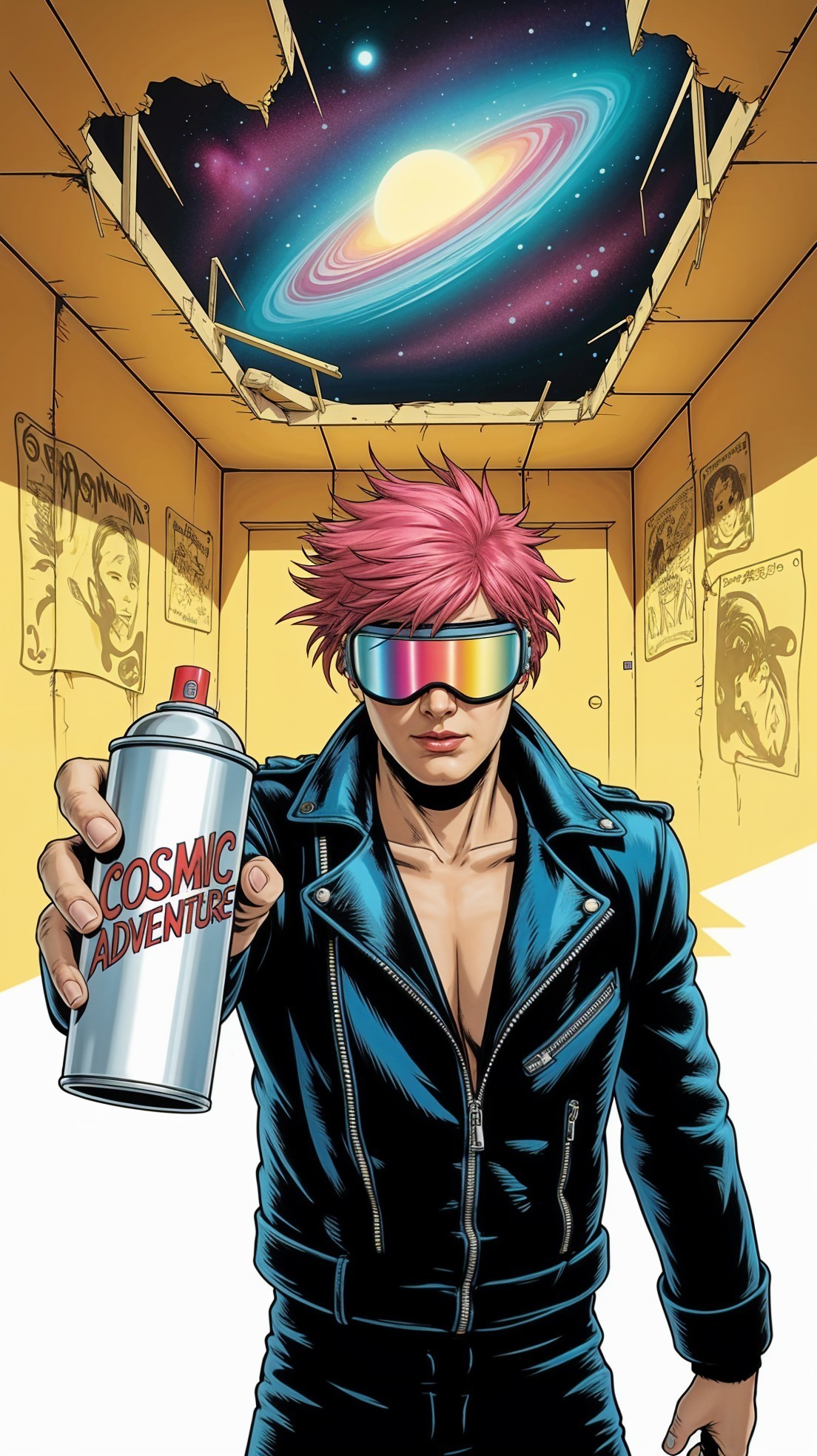 Young man with pink hair in a cosmic hallway setting