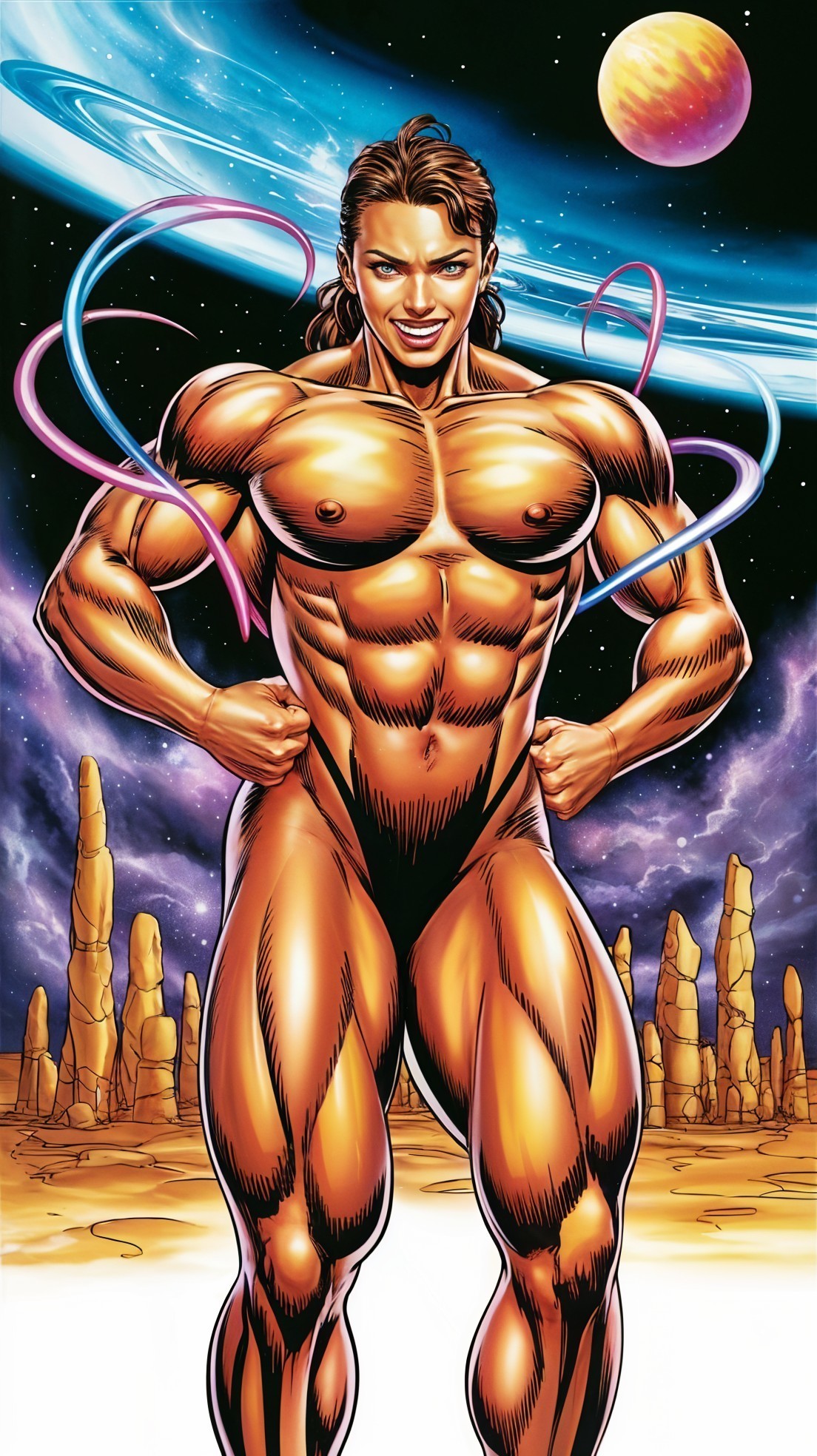 Muscular Superhero in Cosmic Landscape with Energy Ribbons