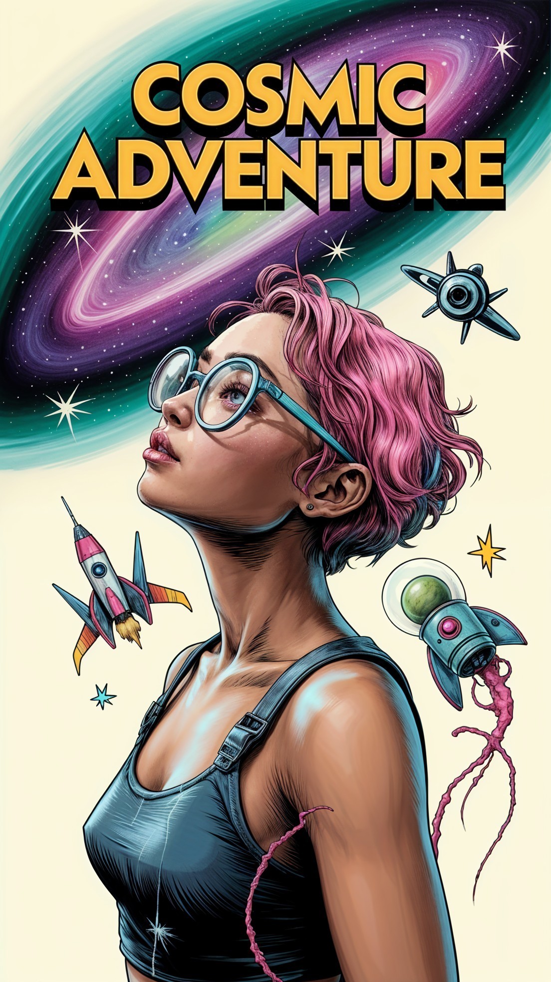Young Woman in Cosmic Scene with Rockets and Galaxy