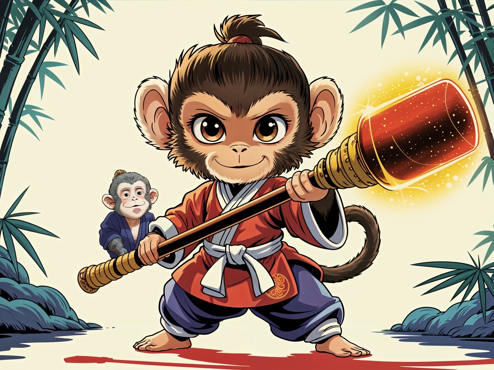 Cartoon Monkey Character in Vibrant Bamboo Forest