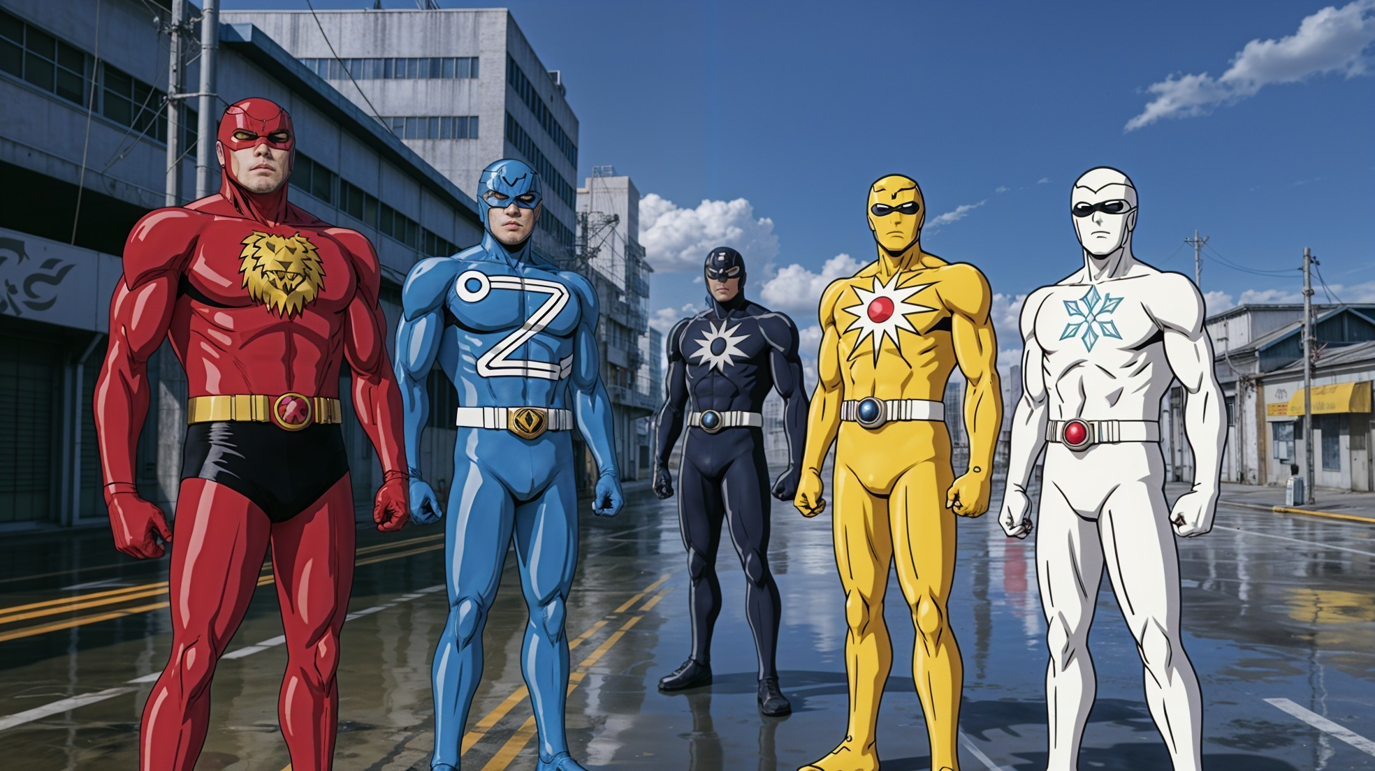 Superheroes Display Distinct Colors and Emblems in City
