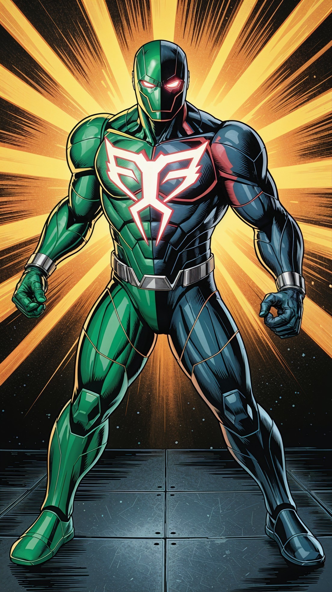 Muscular Superhero in Vibrant Green and Blue Bodysuit