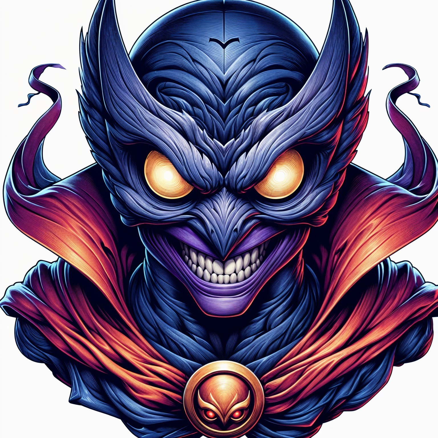 Stylized Character with Menacing Grin and Glowing Eyes