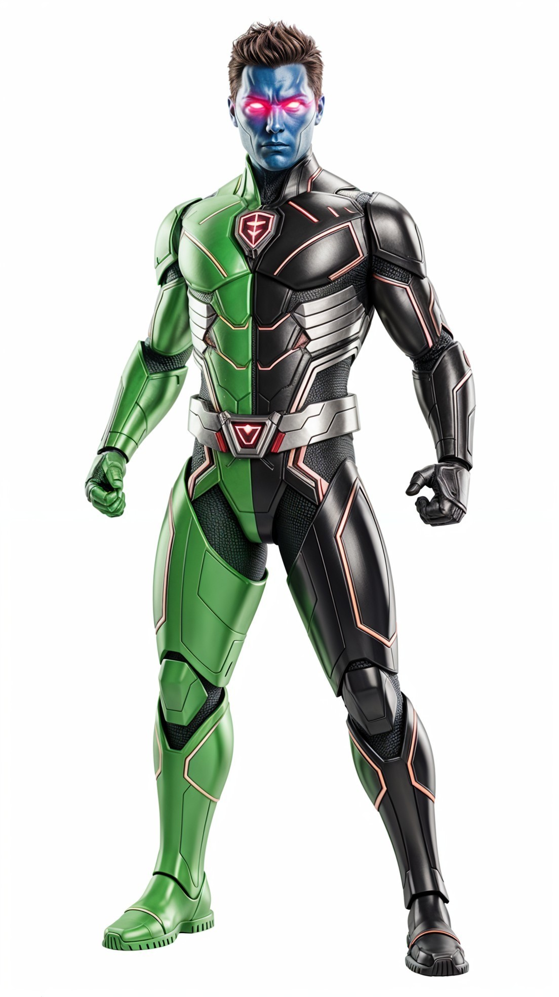 Futuristic superhero with split green and black design