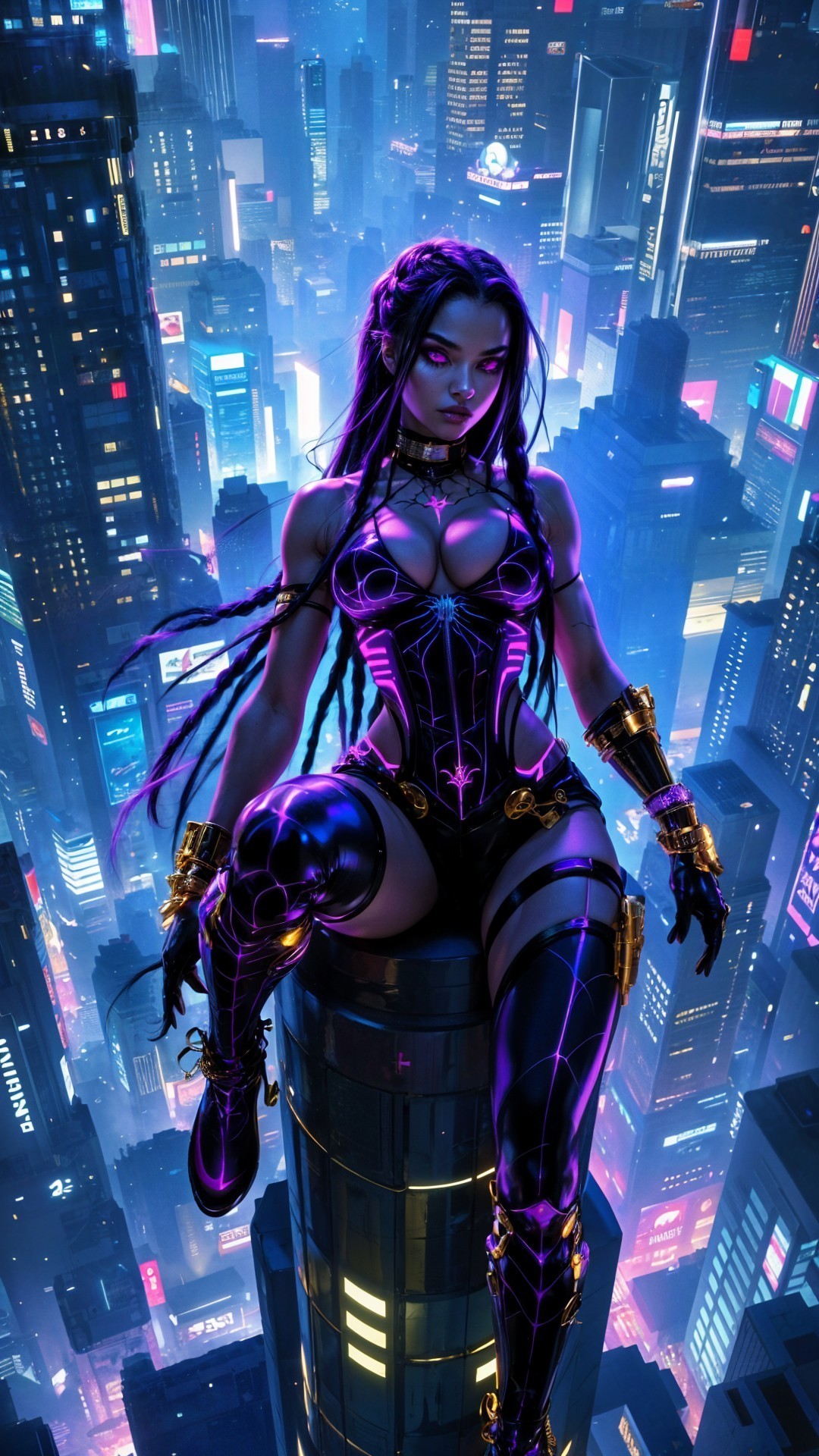 Futuristic Cityscape with Neon Lights and Warrior Figure
