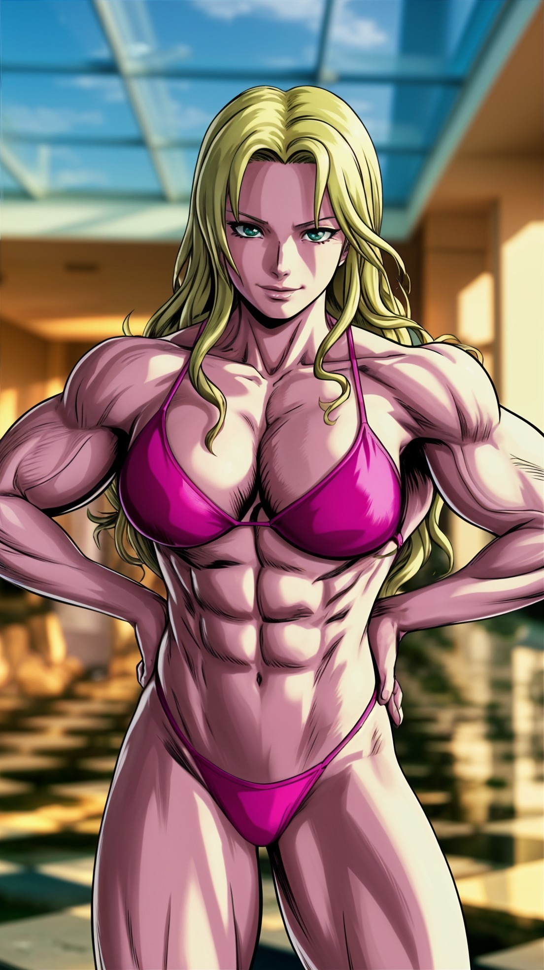 Muscular Female Character in Pink Bikini Indoors