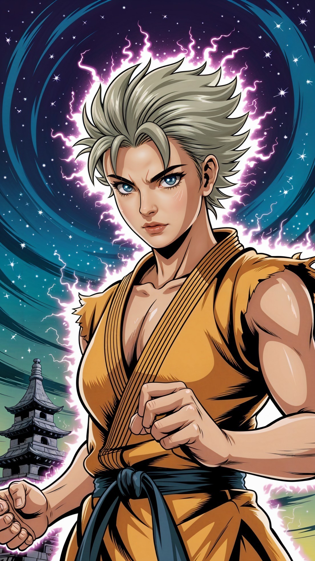 Female Character in Orange Gi with Cosmic Background
