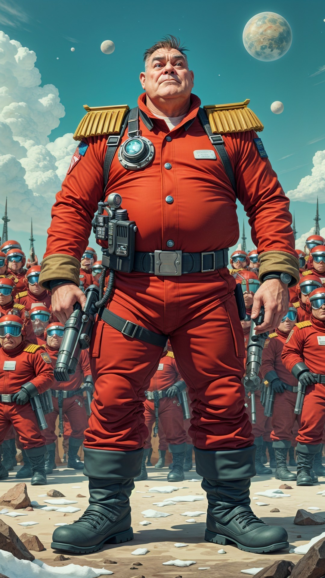 Soldier in Red Uniform with Futuristic Weapons and Battalion
