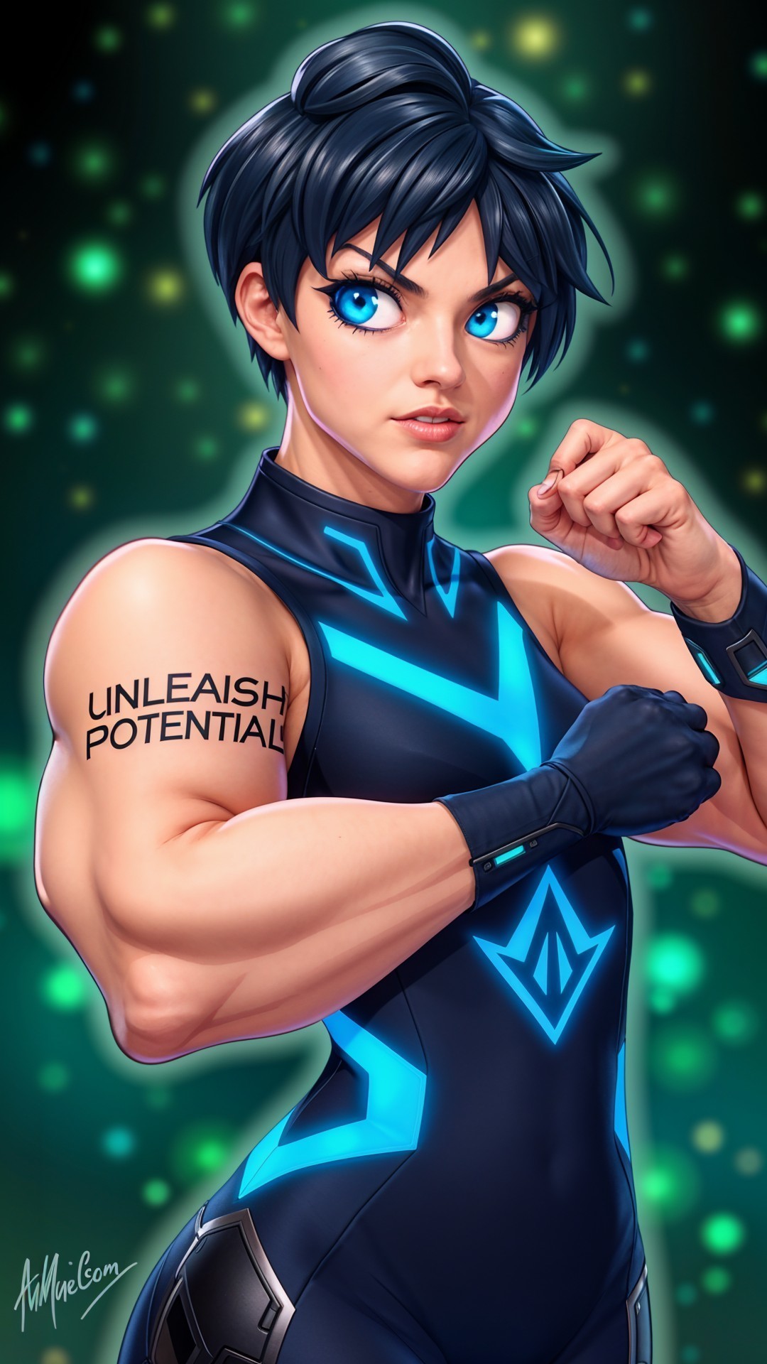 Confident Female Character in Futuristic Suit