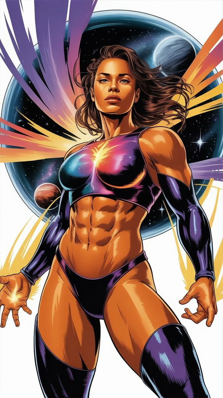 Superheroine in Vibrant Costume Against Cosmic Backdrop