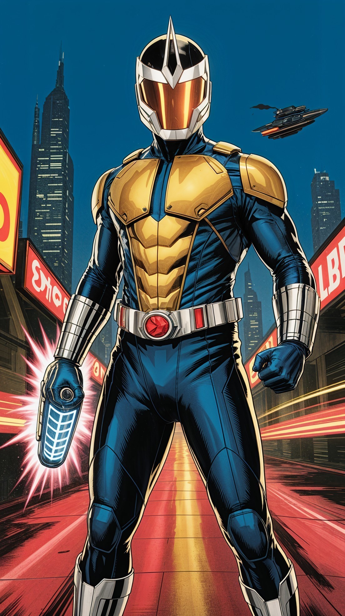 Muscular Superhero in Futuristic Cityscape Setting