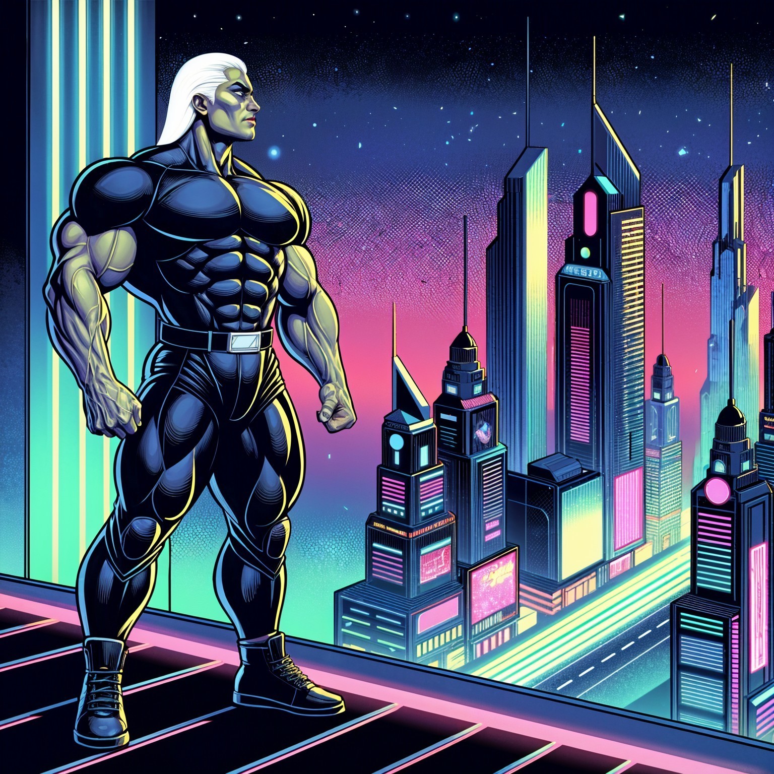 Futuristic superhero on rooftop in neon cityscape