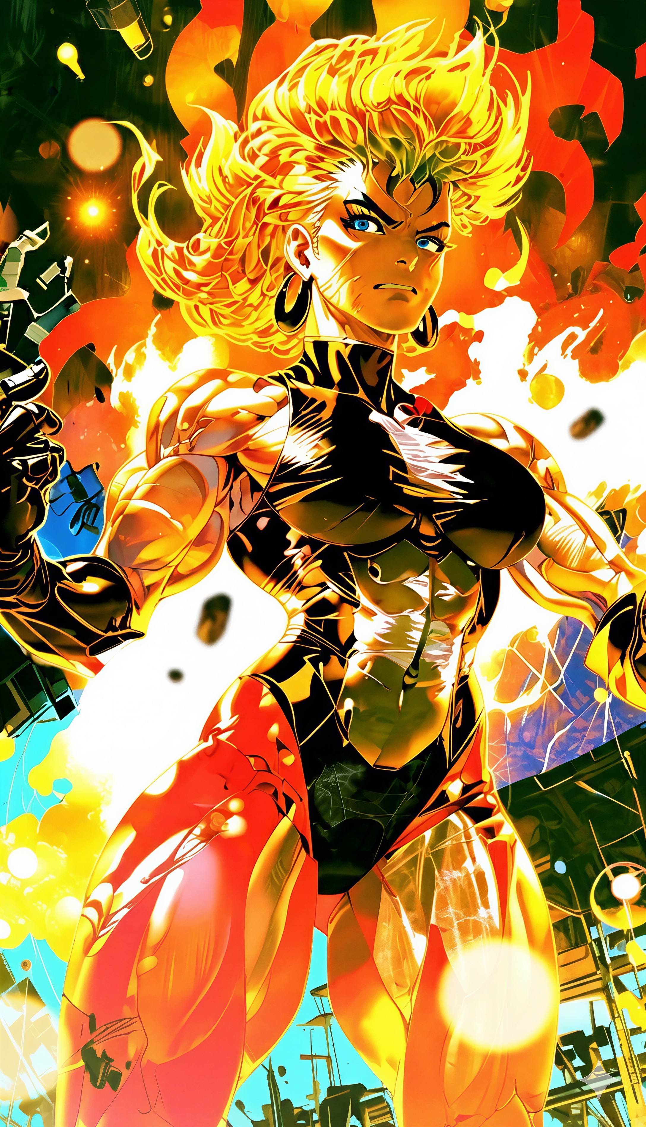 Muscular Female Superhero in Dynamic Pose with Explosions