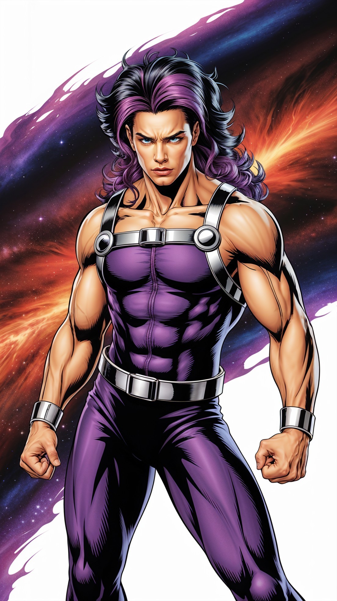 Muscular Male Character in Purple Bodysuit with Cosmic Background