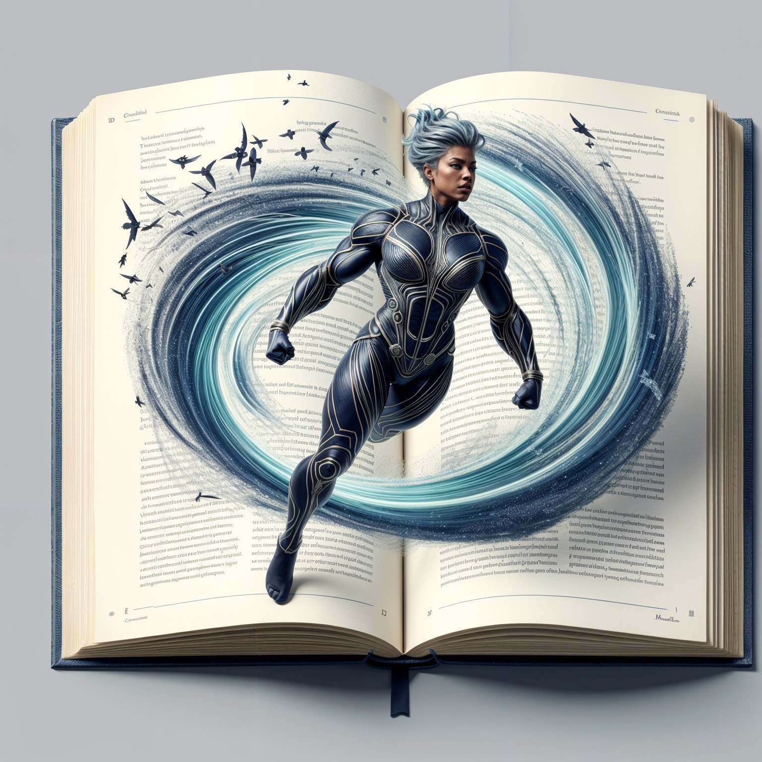 Superheroine Emerging from Book with Energy Waves