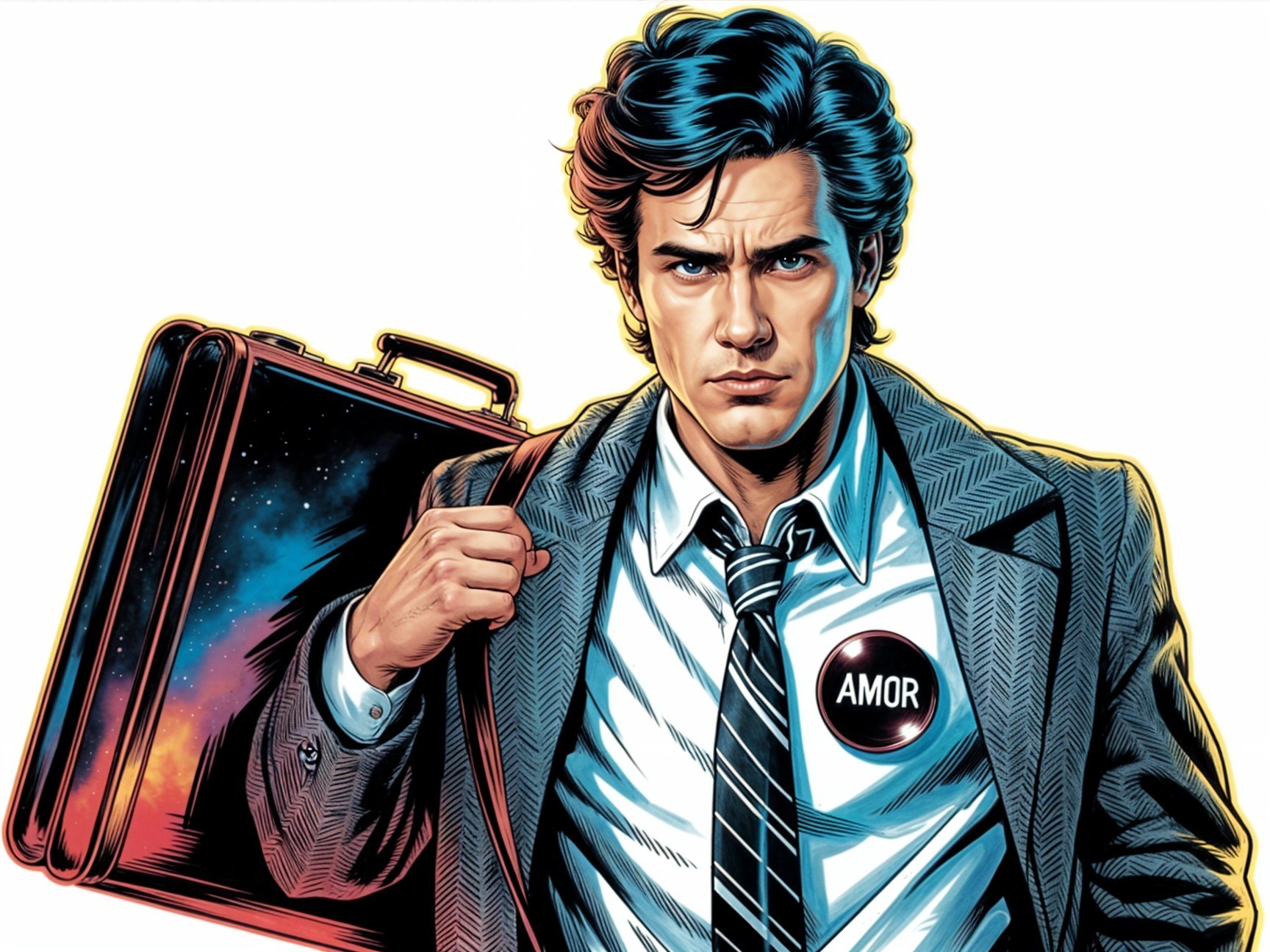 Sharp-Dressed Man with Briefcase in Cosmic Background