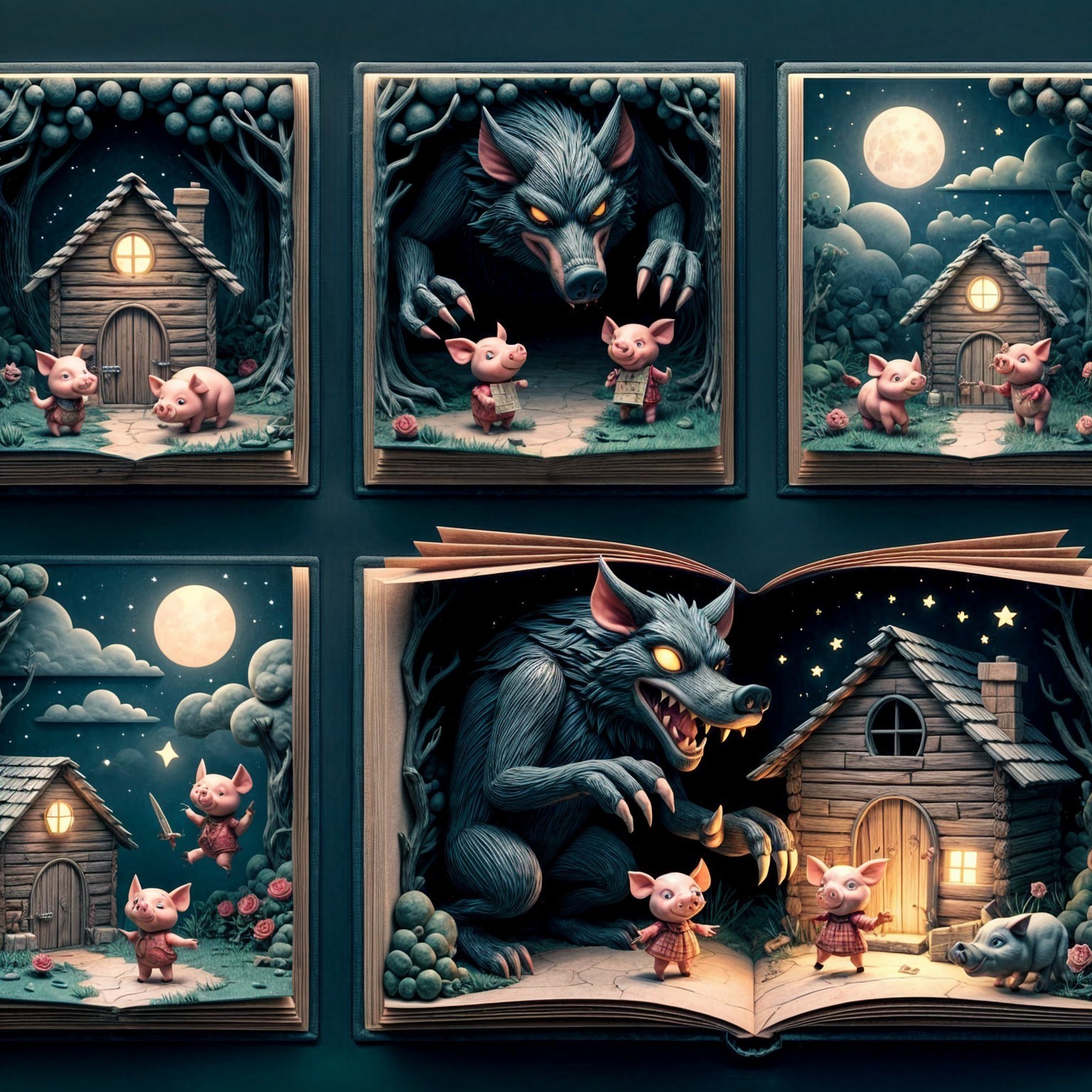 Illustration of Three Pigs and a Wolf in a Storybook