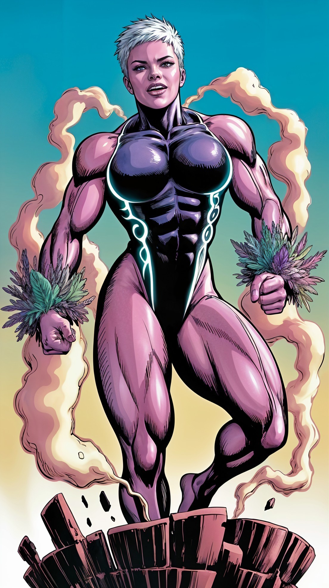 Female superhero in black costume on rocky surface