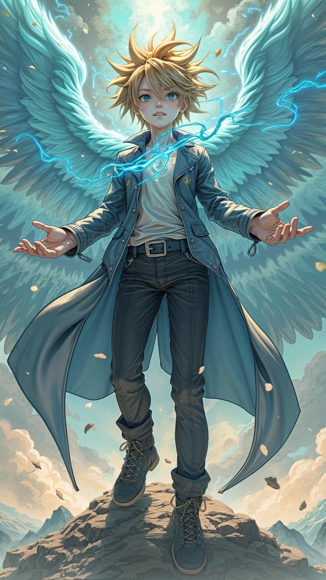 Young figure with white wings on rocky outcrop