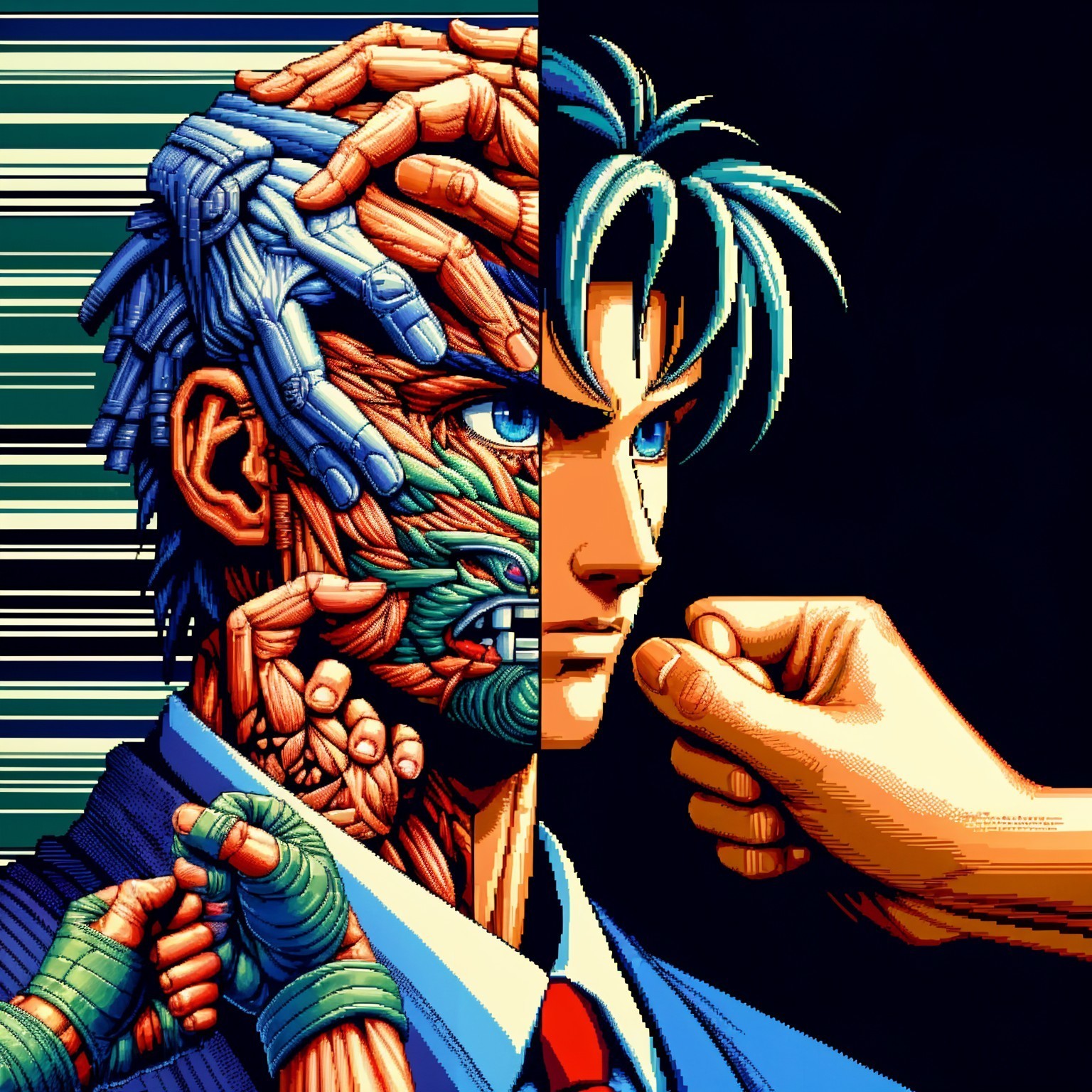 Split-Face Artwork Blending Humanity and Technology