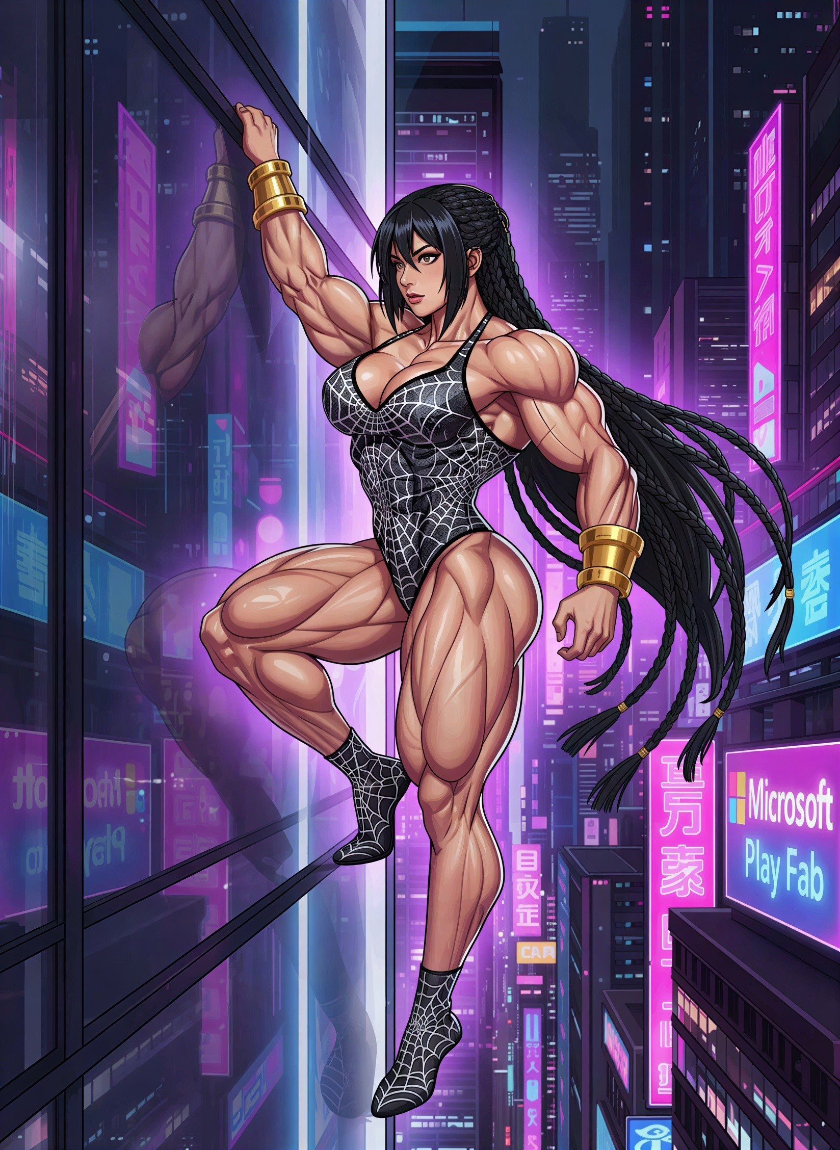 Anime-Style Portrait of Muscular Woman in Swimsuit