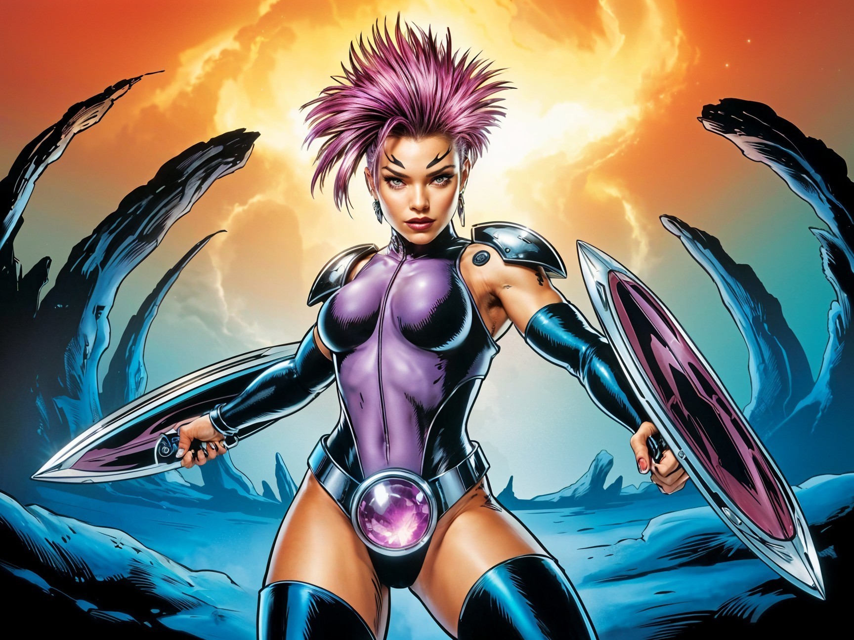 Fierce Female Warrior in Cosmic Landscape with Shields