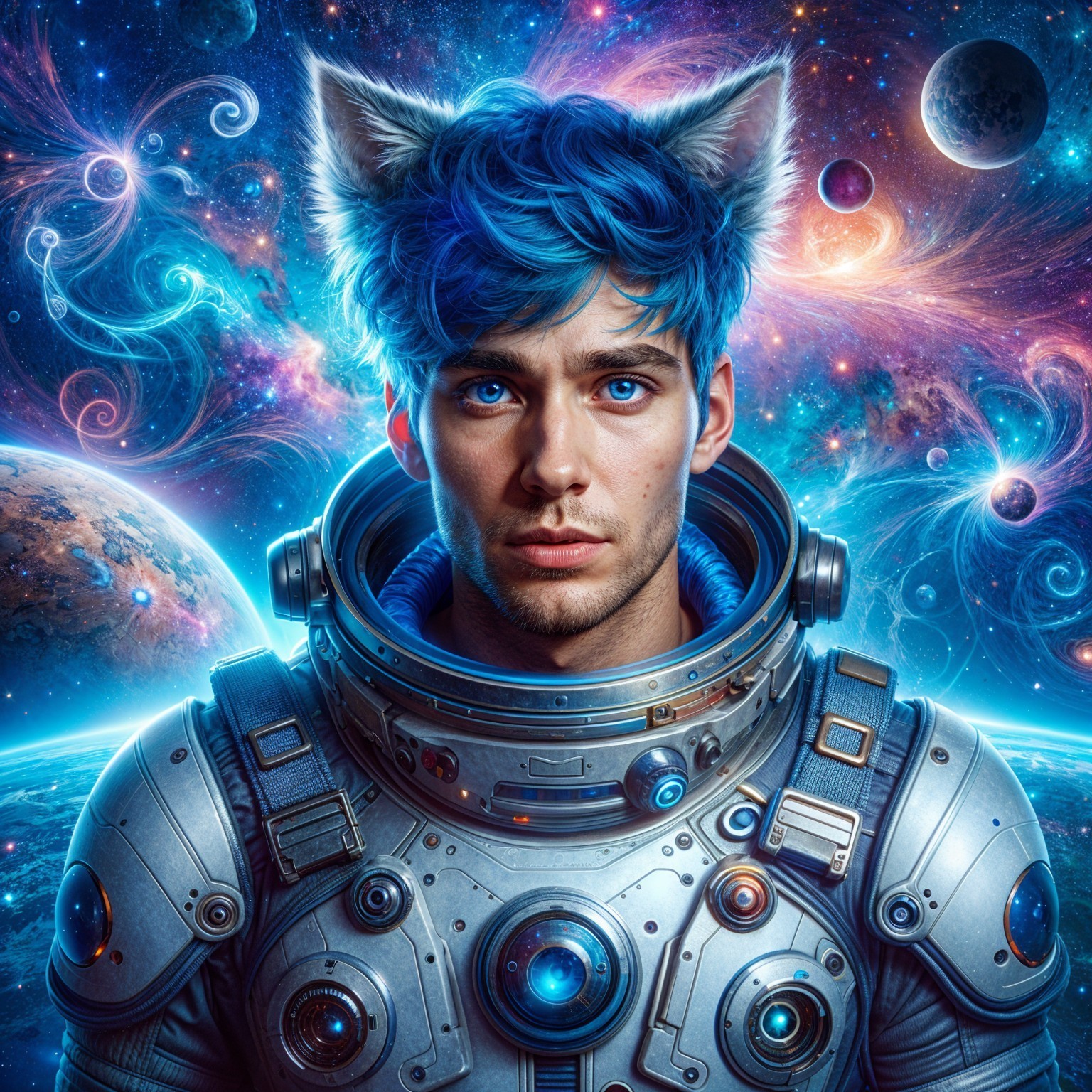 Futuristic astronaut with blue hair in cosmic scene