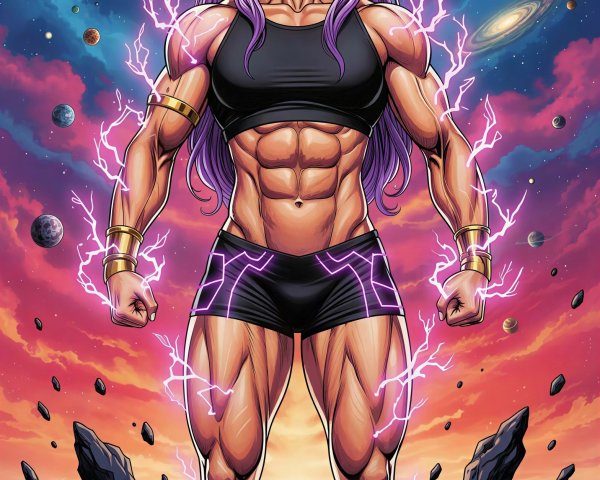Muscular Woman in Cosmic Comic Book Illustration