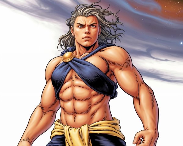Muscular Heroic Figure in Cosmic Background Scene