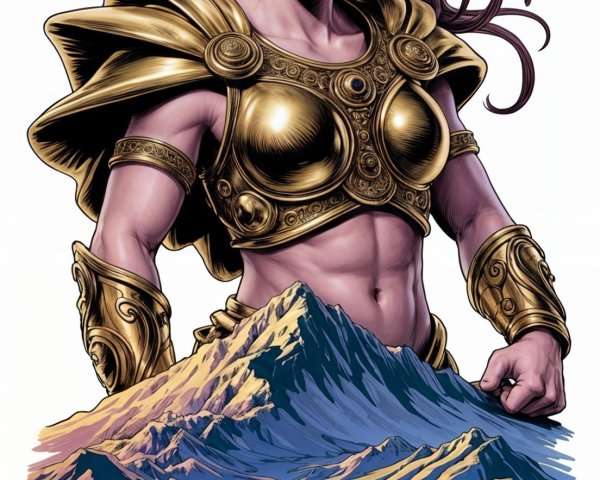 Warrior Woman in Golden Armor with Scenic Landscape