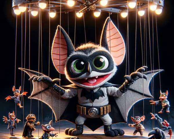 Cartoonish Bat in Superhero Costume Surrounded by Friends