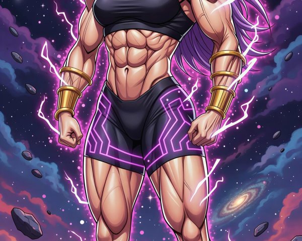 Muscular Woman with Purple Hair in Cosmic Setting