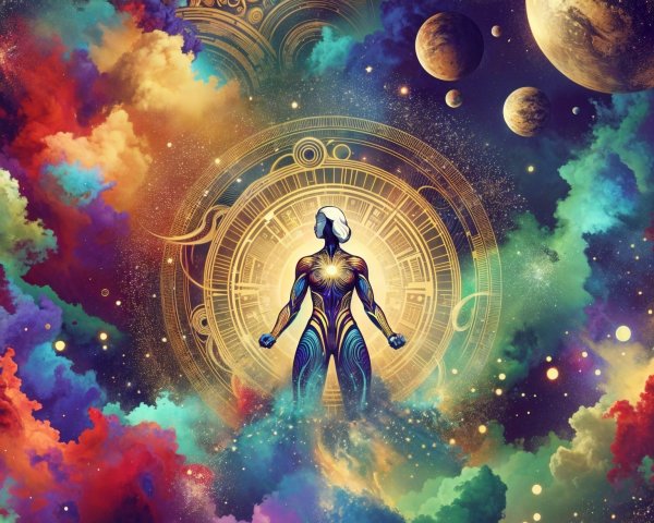 Vibrant Cosmic Scene with Humanoid Figure and Planets