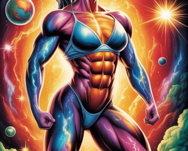 Muscular Woman in Cosmic Landscape with Celestial Patterns