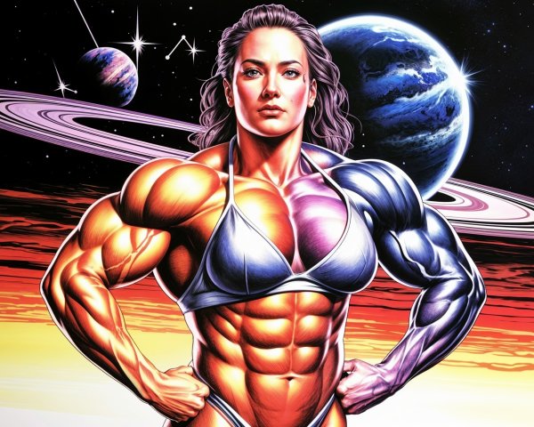 Muscular Woman in Cosmic Space Scene with Planets