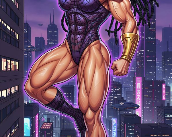 Female Bodybuilder in Futuristic City Night Scene