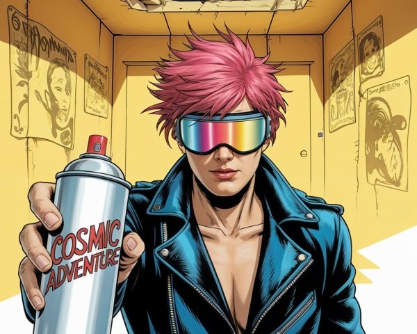 Young man with pink hair in a cosmic hallway setting
